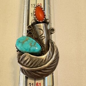 Vintage 70’s Navajo Sterling Silver Turquoise Coral Peyote Water Bird Ring.MB